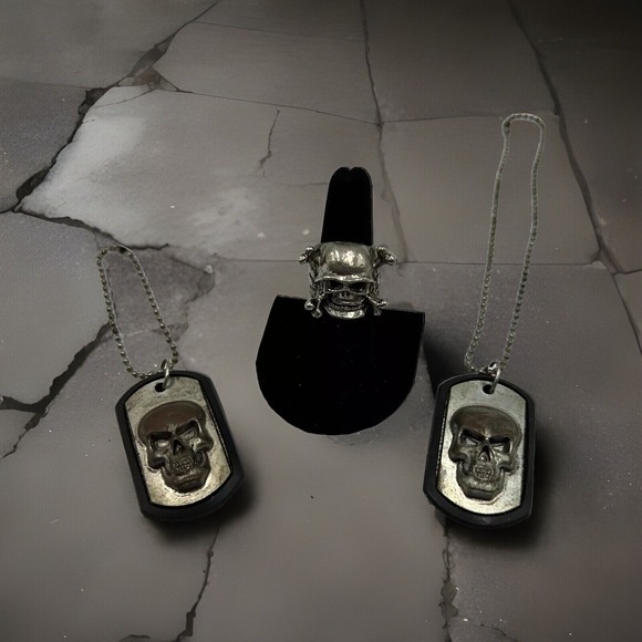 The Unbranded Brand Other - Skull Jewelry Set Gothic Biker Adjustable Ring Bracelet Necklace Dog Tag Cosplay